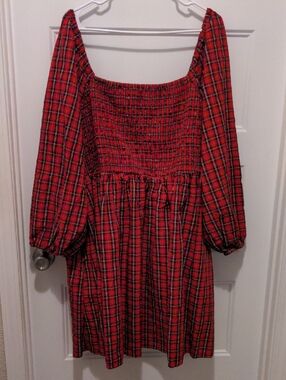 Old Navy Red Plaid Smocked Mini Dress Plus Size 3X Long Sleeve